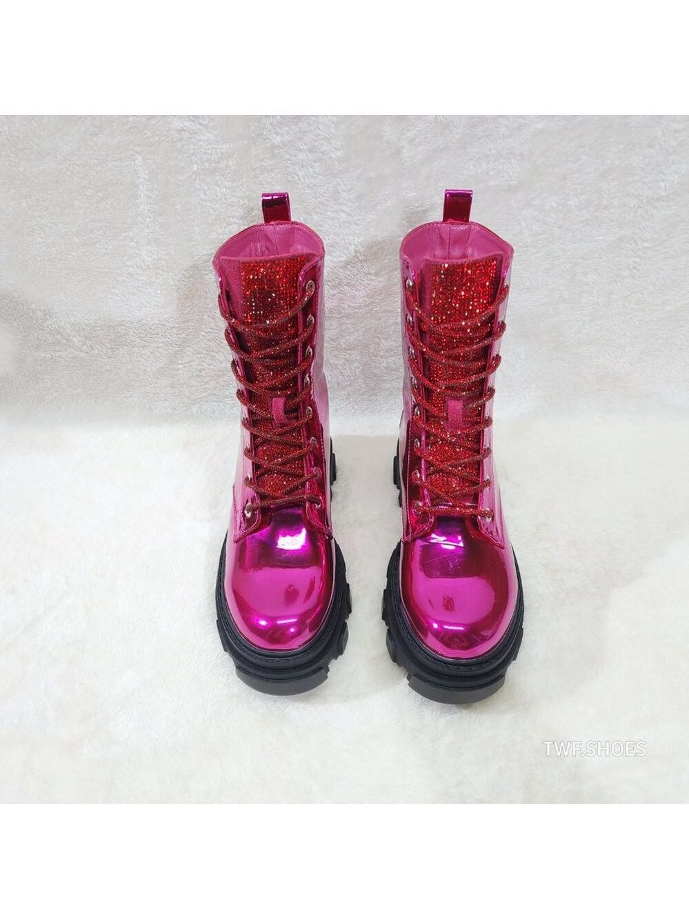 Size 6 Rowan Metallic Pink Combat Ankle Boots Rhinestone Tongue and Rope Lace - Picture 8 of 10